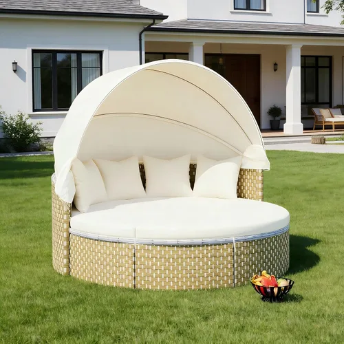Vista 2 de KEVINSPACE Sofá cama para patio al aire libre con toldo retráctil, cojines lavables, muebles redondos de mimbre para exteriores, sofá modular de 65