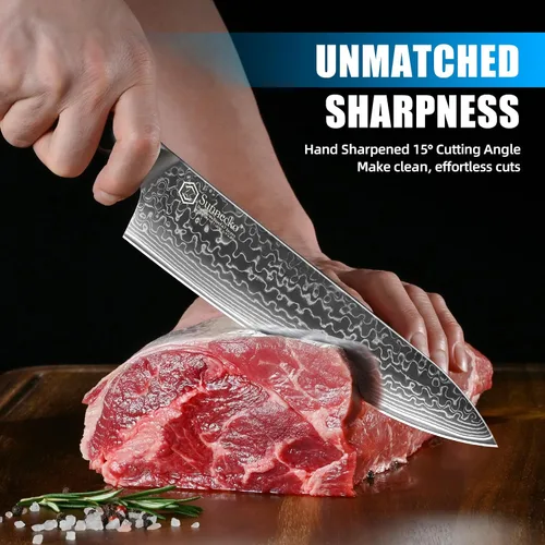 Vista 4 de Sunnecko Juego de Cuchillos de Cocina Damascus de 3 Piezas, Juego de Cuchillos de Chef Afilados Juegos de Cuchillos de Cocina Profesionales Full