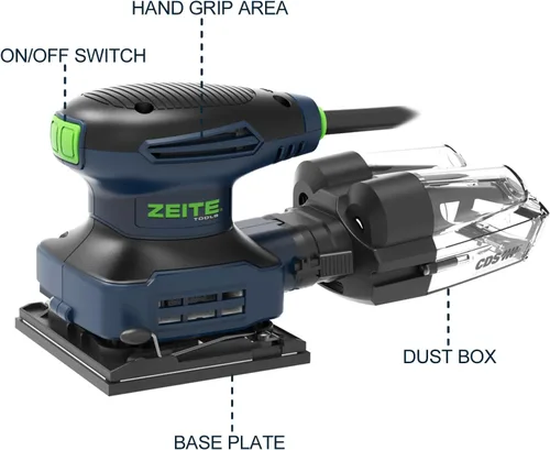 Vista 2 de Zeite - Lijadora de 1/4 de hoja de 2.4 amperios con 12 piezas de papel de lija, lijadora eléctrica de palma para carpintería, cable de 10 pies