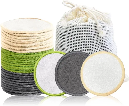Vista 8 de Paquete de 24 almohadillas reutilizables de algodón – Almohadillas removedoras de maquillaje de carbón de bambú lavables, almohadillas faciales