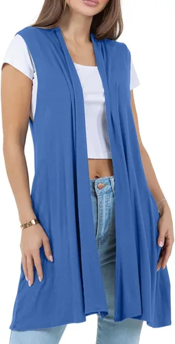 Vista 5 de Azules Cárdigan largo sin mangas para mujer con bolsillos, ligero frente abierto, capa elegante y fluida para el trabajo o uso casual