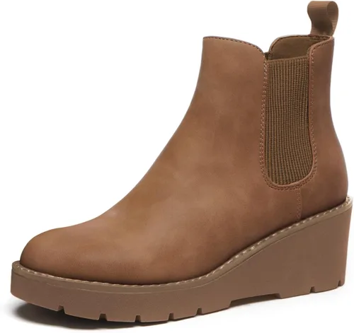 Vista 9 de Athlefit - Botas Chelsea con plataforma de cuña para mujer, suela de lengüeta, elásticas, con plataforma, tacón de cuña, botas al tobillo Negro
