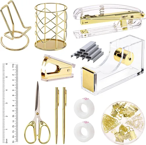 Vista 25 de Suministros de oficina, accesorios de escritorio negros, juego de suministros de oficina, juego de grapadora y dispensador de cinta, tijeras