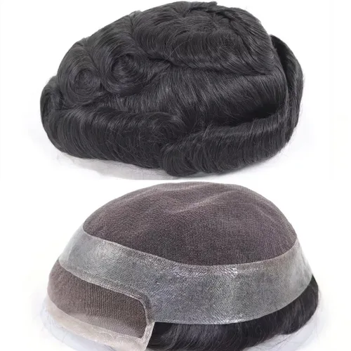Vista 4 de HAPPY&CC Toupee - Sistema de reemplazo de cabello humano real para hombre, transpirable, piel fina, encaje suizo, densidad media de luz