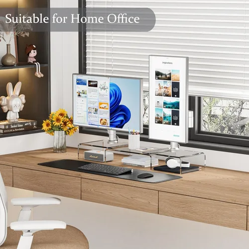 Vista 2 de X-cosrack Soporte de Monitor de Acrílico Transparente con Elevador, Soporte Ajustable de Doble Monitor con 3 Estantes y Alfombrilla Antideslizante