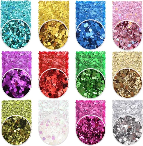 Vista 10 de Estanoite - Purpurina gruesa holográfica con lentejuelas, 12 colores mezclados, cosméticos para cara, cuerpo, ojos, cabello, uñas, arte, brillo