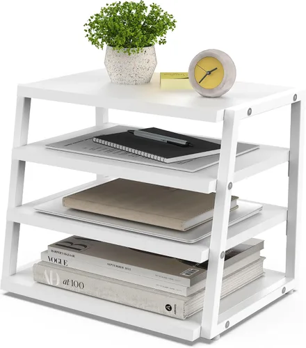 Vista 11 de Fenge Organizador de estante de escritorio, estante de escritorio de 4 niveles, estantes de oficina de madera y metal, organizador de archivos