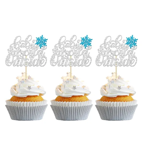 Vista 18 de Gyufise 24 piezas de copos de nieve Oh Baby Cupcake Toppers Glitter Winter Frozen Baby Shower Cupcake Picks para invierno, país de las maravillas