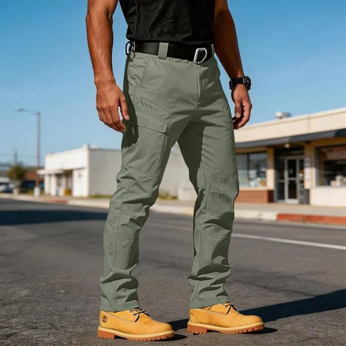 Vista 2 de Pantalones tácticos tipo cargo para hombre, repelentes al agua, pantalones de trabajo Ripstop, reforzados hasta la rodilla, cintura elástica,