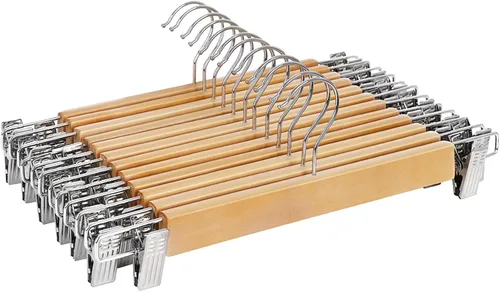Vista 11 de SONGMICS Perchas de Madera para Pantalones, Paquete de 8 Perchas para Pantalones con Clips de Metal Ajustables Antioxidantes, Gancho Giratorio