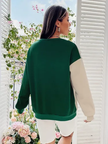 Vista 2 de WDIRARA Sudadera de gran tamaño con cuello redondo y bloque de color para mujer