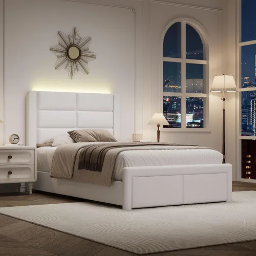 Vista 12 de Base de cama individual con cabecero tapizado y luces LED, moderno marco de cama de piel sintética con soporte de listones de madera y base