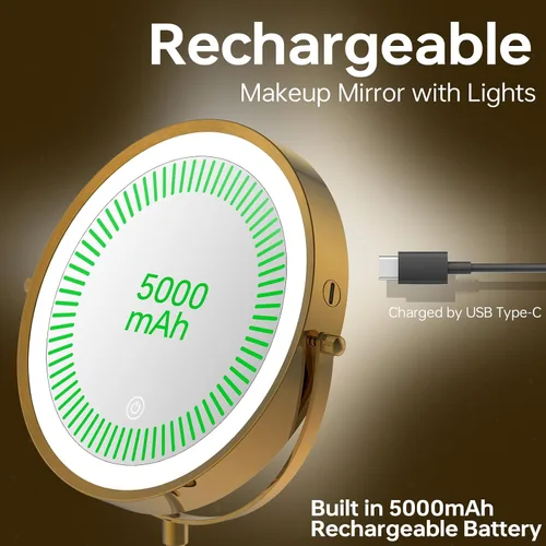 Vista 4 de Espejo de maquillaje iluminado de 9 pulgadas con 1 aumento de 10x, espejo de tocador de aumento recargable de 5000 mAh con luces, 3