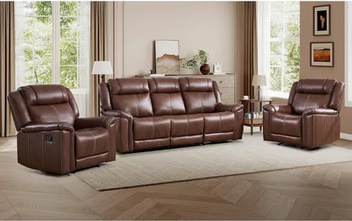 Vista 9 de EBELLO Sofá reclinable de cuero sintético de 3 plazas, sofá reclinable manual, silla de 3 asientos de estilo moderno de mediados de siglo con Marrón