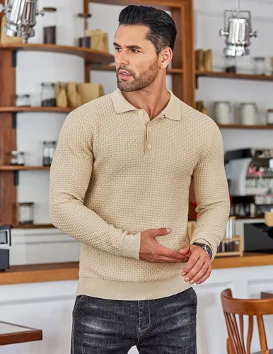 Vista 2 de COOFANDY Polo de punto para hombre, de manga larga, ligero, a la moda, informal, con cuello