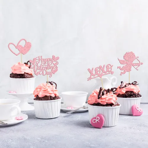 Vista 13 de Ephlyn 24 adornos para cupcakes con purpurina para el día de San Valentín, dulce amor, corazón, día de San Valentín, decoración para cupcakes