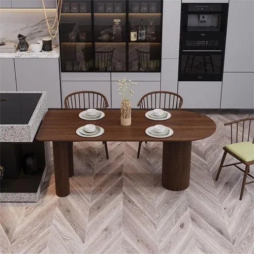 Vista 4 de LAKIQ Mesa de comedor creativa de forma irregular, mesa de cocina de isla de madera maciza, estilo nórdico moderno, mesa de comedor de cocina