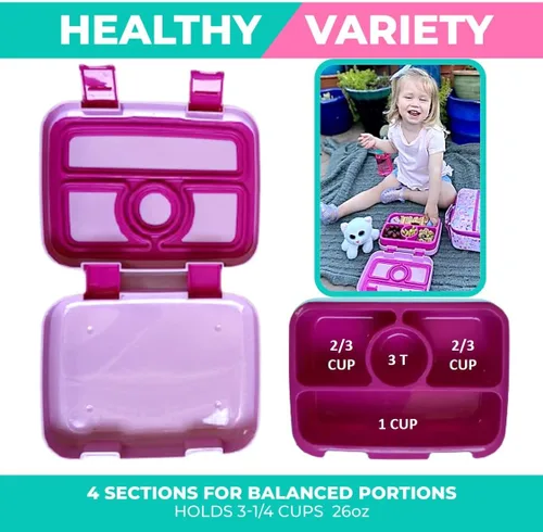 Vista 6 de Juego de lonchera bento, bolso de aislamiento, botella de agua y bolsa de hielo, 4 secciones de porciones, bandeja desmontable, para niños en edad