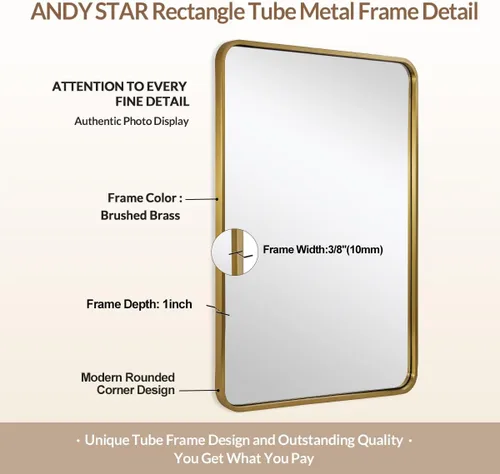 Vista 4 de Espejo de latón para baño, espejo rectangular redondeado de 22x30 pulgadas con marco de metal cepillado dorado, espejo de tocador de baño sin