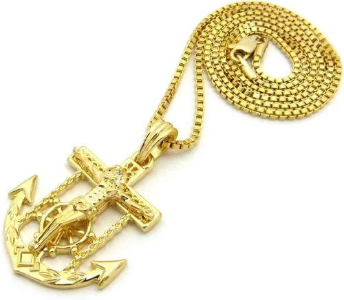 Vista 4 de Shiny Jewelers USA - Colgante de cadena cubana de cuerda para hombre Jesús con ancla de cruz y cadera, 24.0in