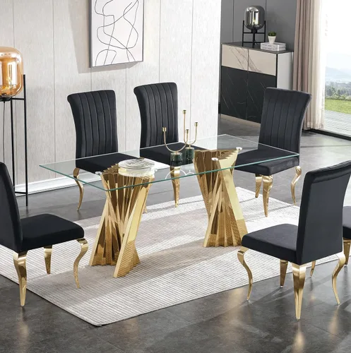 Vista 13 de Mesa de comedor de vidrio de 70 pulgadas para 4-8 personas, parte superior de vidrio templado y base de acero inoxidable en U dorada, escritorio