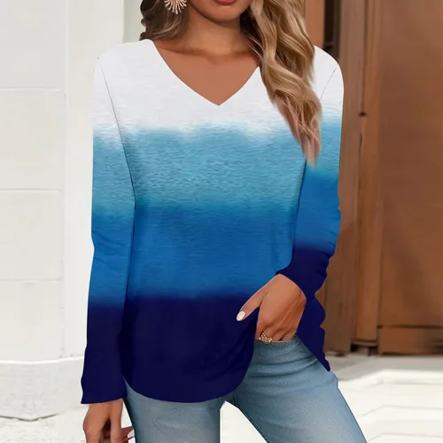 Vista 4 de Sudadera de manga larga con cuello en V para mujer, a la moda de otoño 2023, con estampado, cómodas, elegantes, casuales, holgadas