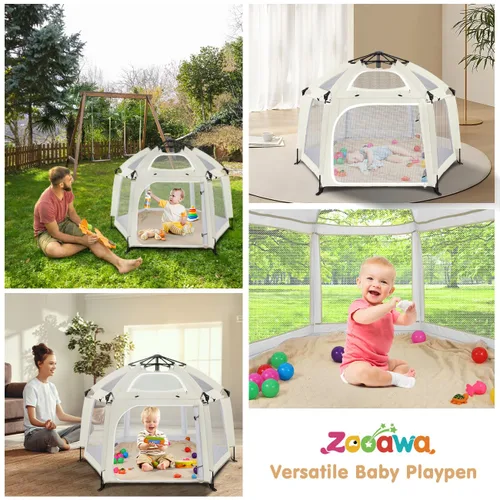 Vista 8 de Corralito desplegable para bebé, corralito portátil para bebés y niños pequeños con sombras extraíbles y 2 cubiertas UV laterales, corralito ligero