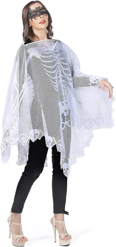 Vista 2 de Kinhowly Disfraz de esqueleto de Halloween para mujer, capa de esqueleto, poncho y máscara de mascarada para Halloween