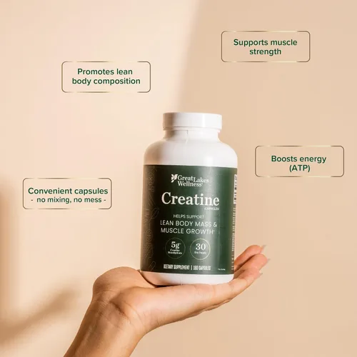 Vista 5 de Great Lakes Wellness Cápsulas de monohidrato de creatina, 180 unidades (suministro para 30 días), 5000 mg de creatina pura por porción, desarrolla