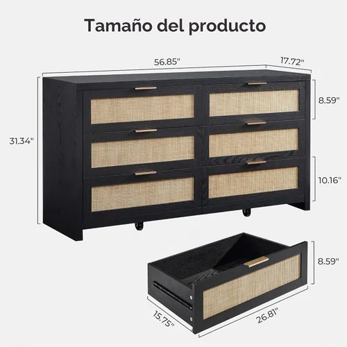 Vista 3 de SICOTAS Cómoda de ratán para dormitorio, cómoda de 57 pulgadas de ancho con 6 cajones con amplio almacenamiento, cómoda de madera, cómoda grande