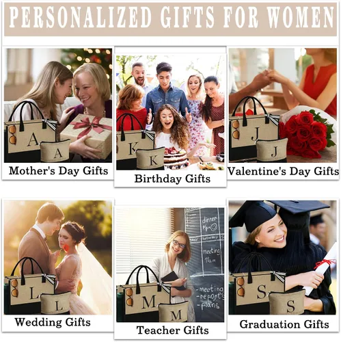 Vista 7 de YOOLIFE Regalos personalizados para mujeres, bolsa de yute con inicial y bolsa de maquillaje, regalos de cumpleaños para mujeres, mamá, esposa