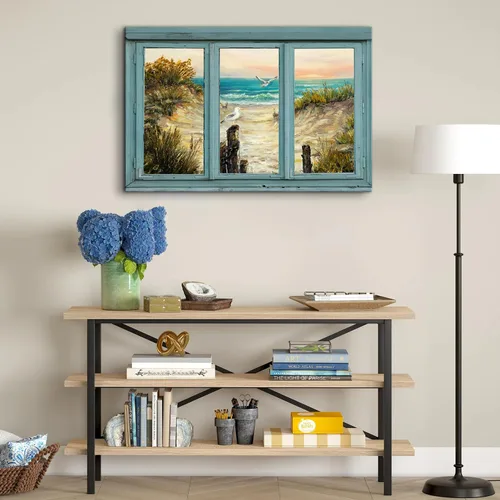 Vista 2 de Cuadro de pared con ventana de playa, paisaje oceánico, decoración de pared, paisaje costero, gaviota, impresiones en lienzo, pintura tropical