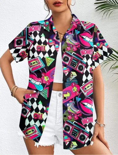Vista 3 de Trajes de los años 80 y 90 para mujer, camisa retro de fiesta de discoteca de los 80, camiseta de manga corta con botones, blusa de los años 90