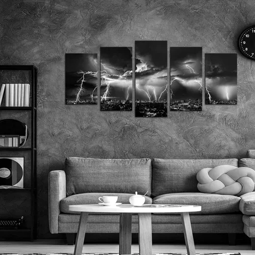 Vista 2 de Biuteawal - Arte de pared en blanco y negro de la naturaleza, relámpagos en las nubes, pintura sobre lienzo, tormenta y vista nocturna de la ciudad