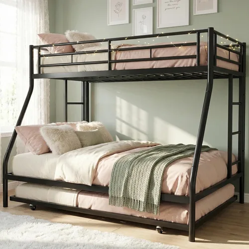 Vista 7 de SUNLEI Cama alta de metal con 2 escaleras seguras, litera individual sobre matrimonial con nido, camas nido con protección de seguridad individual