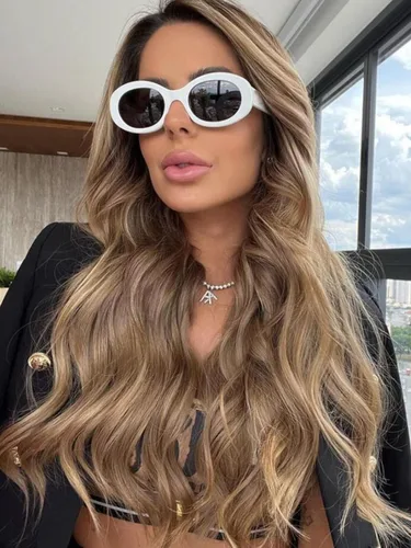 Vista 7 de PORADAY Lentes de sol ovalados modernos y gruesos para mujer, lentes de sol retro estrechos y gruesos, tonos degradados, redondos