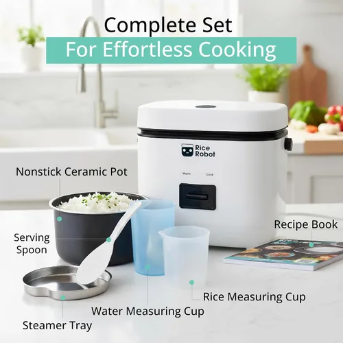 Vista 5 de Rice Robot - Arrocera personal, sin PFAS, antiadherente. Capacidad de 1 cuarto, con bandeja de vapor de acero inoxidable, tazas medidoras, libro