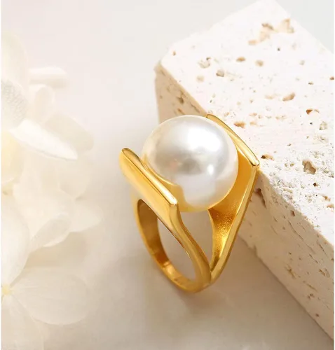 Vista 5 de OIDIMS Anillo de perlas exageradas de acero inoxidable en forma de Y, estilo único, anillos grandes personalizados, joyería de ajuste cómodo