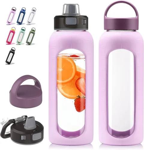 Vista 25 de Kodrine - Botella de agua de vidrio de 20 onzas con popote y 2 tapas para fácil transporte, con asa, funda de silicona y marcador de tiempo, botella