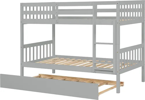 Vista 5 de HOUAGI Litera individual sobre cama individual con nido, litera de madera maciza con barandilla de seguridad y escalera, color gris