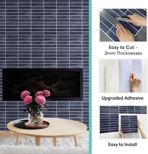 Vista 4 de Commomy Azulejos de pared de PVC ultraligero de 11.8 x 11.8 pulgadas, 10 unidades, color azul marino mate, para cocina, baño, inquilinos, azulejos