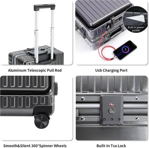 Vista 3 de CAARANY Equipaje de mano aprobado por aerolíneas con compartimento para laptop, equipaje multifuncional de marco de aluminio de 20 pulgadas