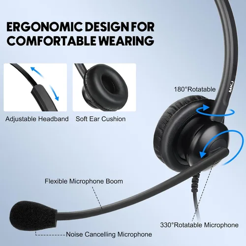 Vista 3 de MKJ Auriculares de teléfono de 0.098 in con micrófono con cancelación de ruido, auriculares con cable para centro de llamadas y teléfono de oficina