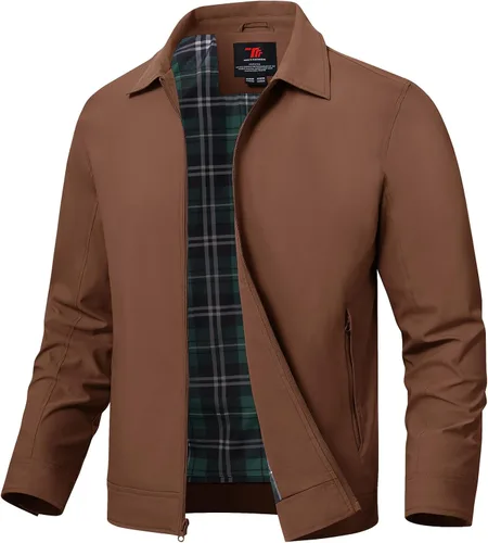 Vista 35 de TBMPOY Chaquetas ligeras para hombre, cortavientos ligeros, con cremallera completa, casual, para trabajo, golf, negocios, otoño, abrigo