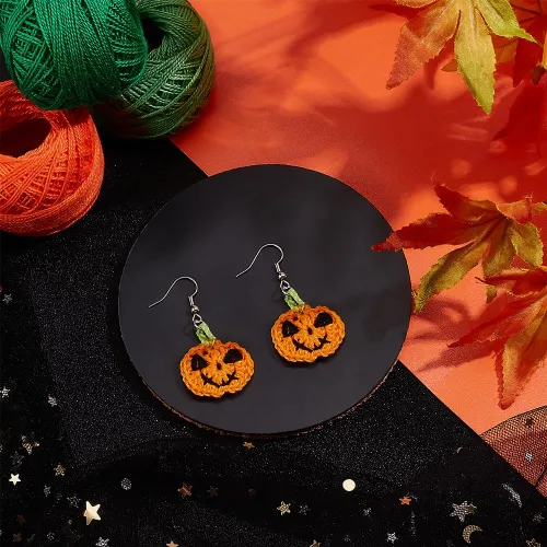 Vista 7 de FREEBLOSS Kit de 12 pares de aretes de ganchillo estilo calabaza, algodón, adulto, Halloween, kit