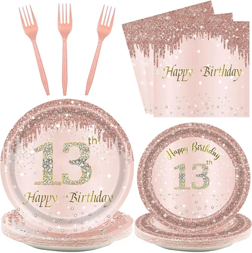 Vista 8 de 24 juegos de decoración de cumpleaños de oro rosa para niñas 1 juego de platos y servilletas y tenedores suministros de fiesta para niños de 1 año