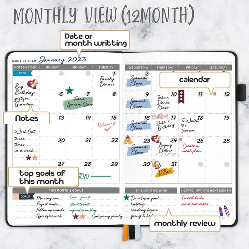 Vista 4 de JUBTIC Agenda semanal y mensual sin fecha, agenda diaria de productividad, calendario para lista de tareas, cuaderno de organización A5