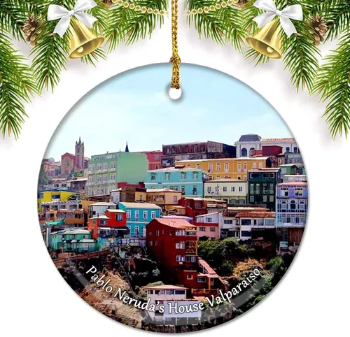 Vista 4 de Chile Osorno Volcán Puerto Montt Adornos de Navidad para árbol Colgante de cerámica Adorno de doble cara Decoración Regalos de Navidad Recuerdos