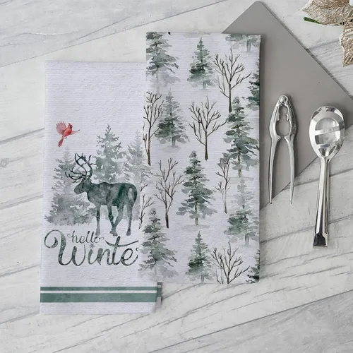 Vista 4 de Seliem Hello Winter - Juego de 2 toallas de cocina con diseño de pinos en acuarela, diseño de reno cardenal, azul y gris, para secar a mano, pájaro