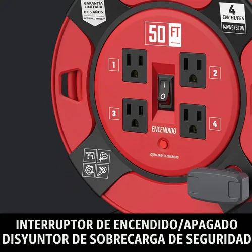 Vista 7 de CRAFTSMAN Carrete de cable de extensión retráctil de 50 pies con 4 tomas de corriente y cable resistente de 14AWG SJTW